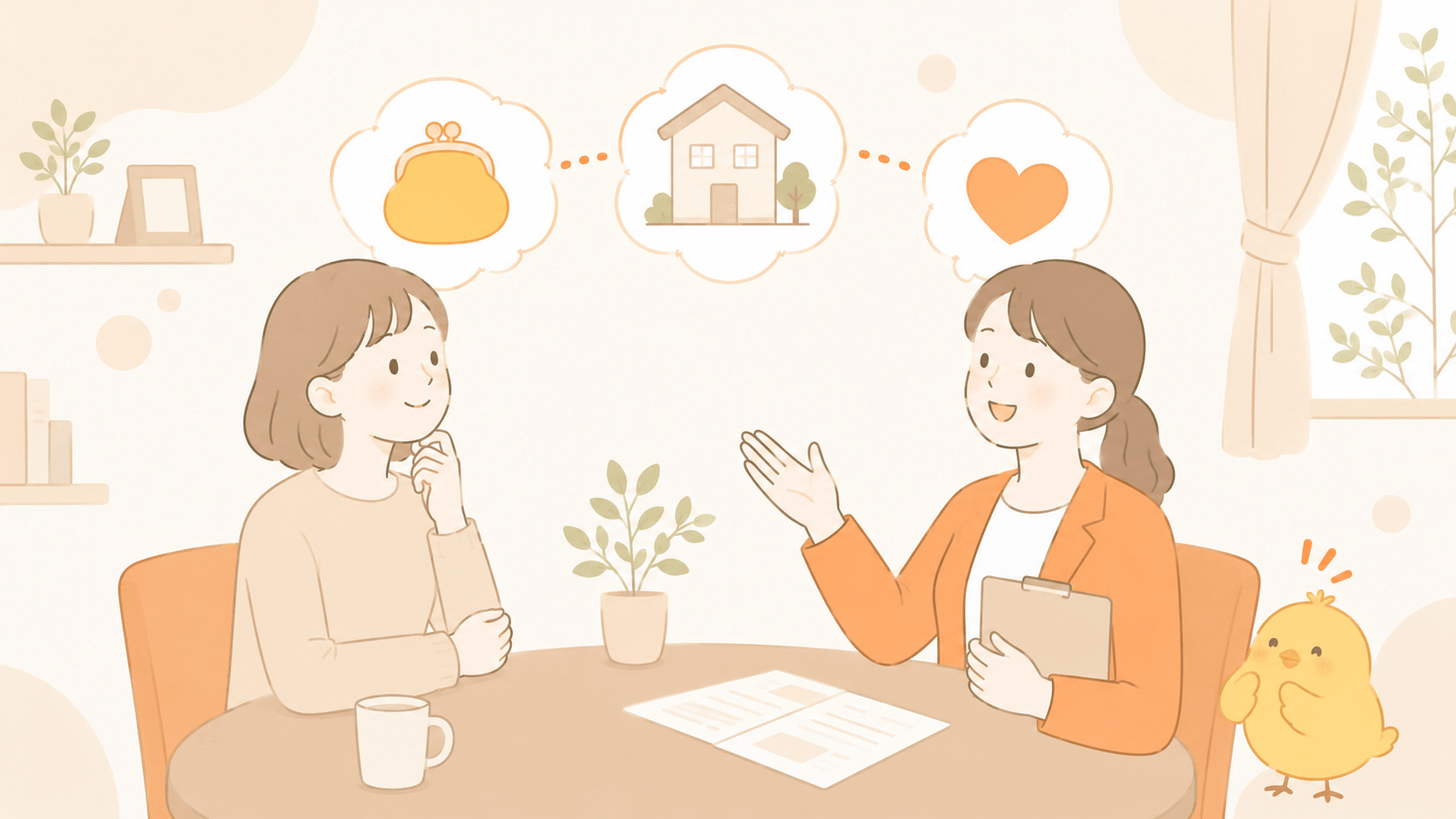 お金のことを気軽に相談・見学するイメージのイラスト