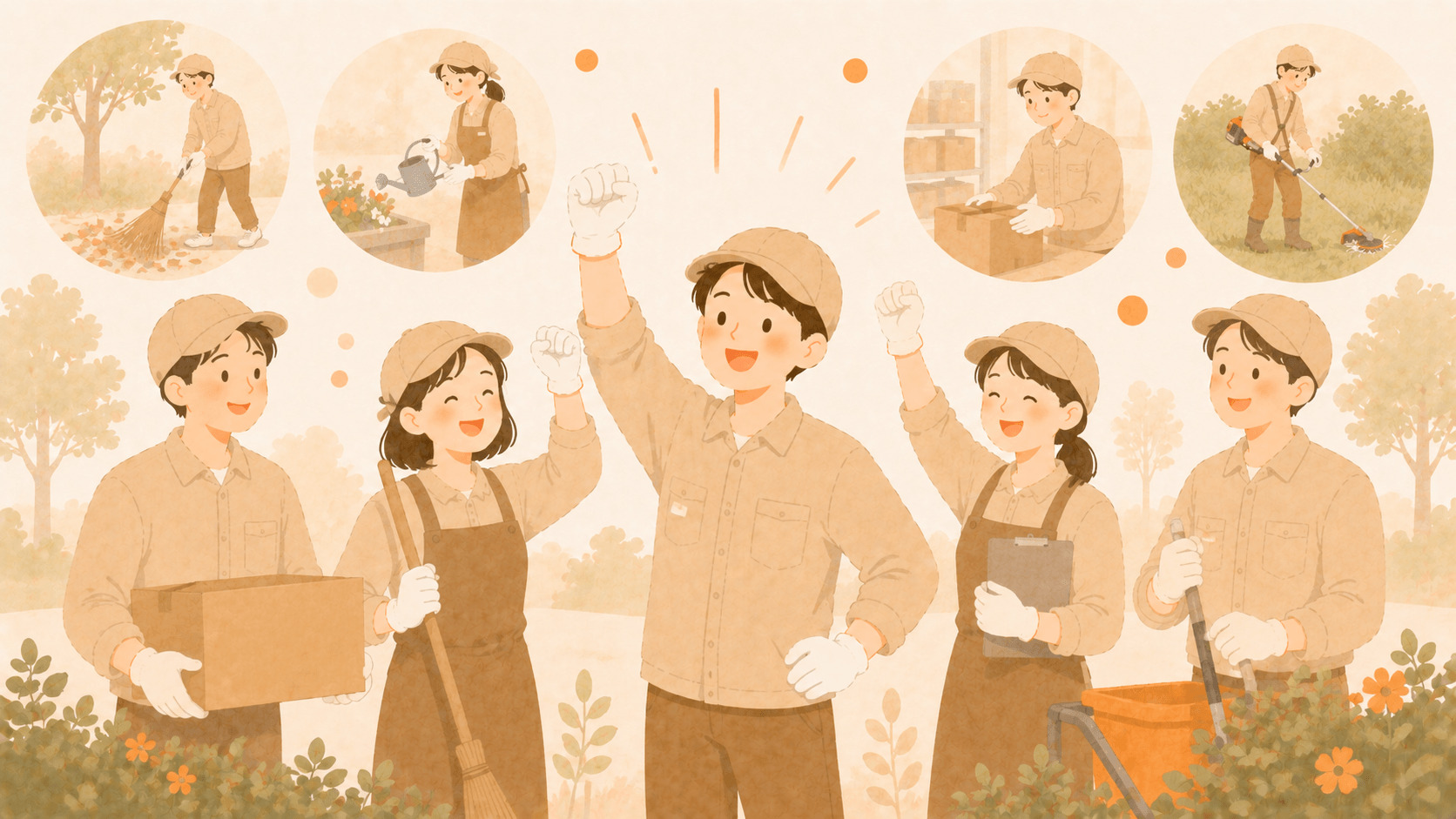 外で働く達成感やチームワークのイメージ