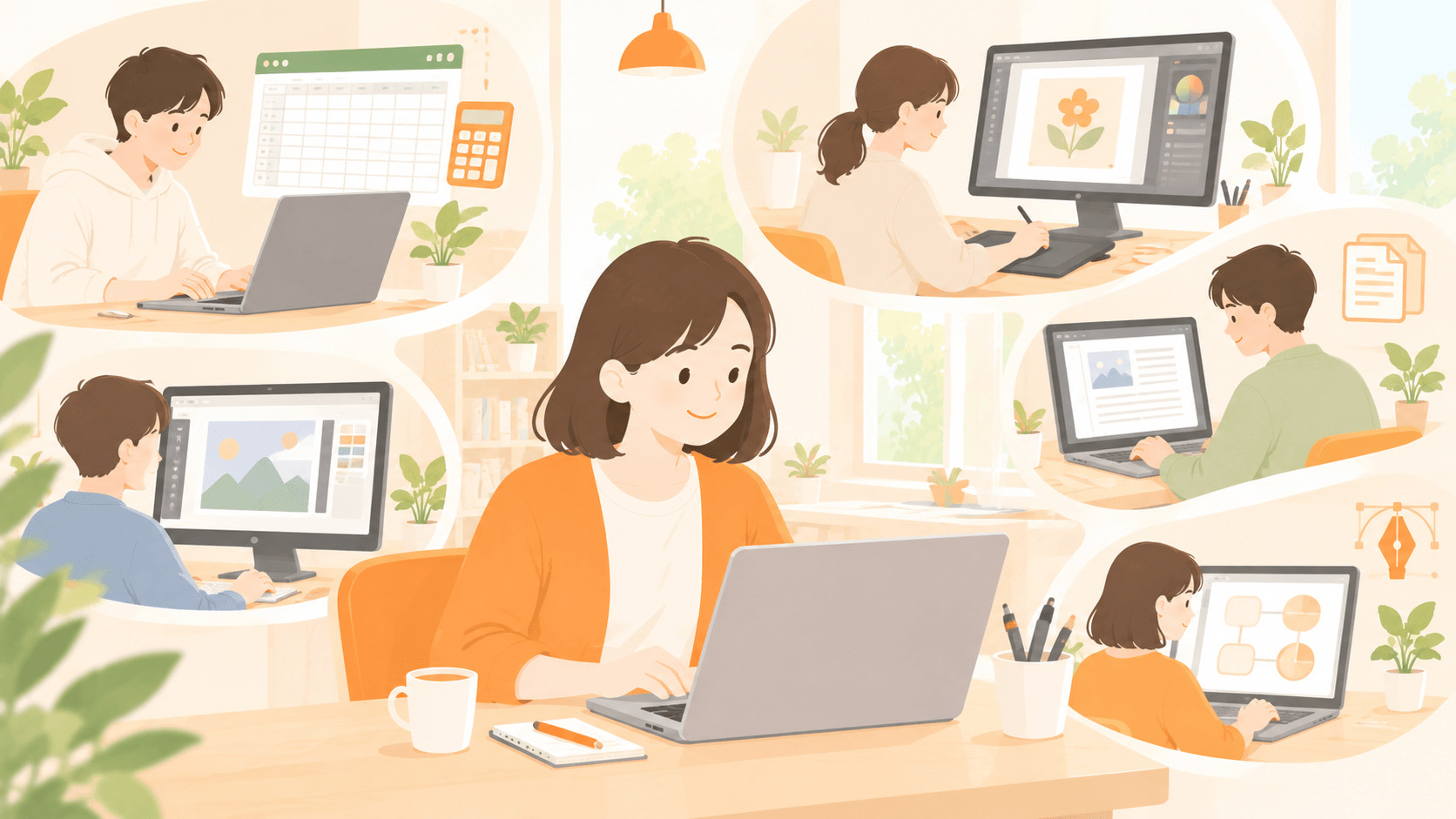 いろいろな種類のパソコン作業をあらわすイメージ