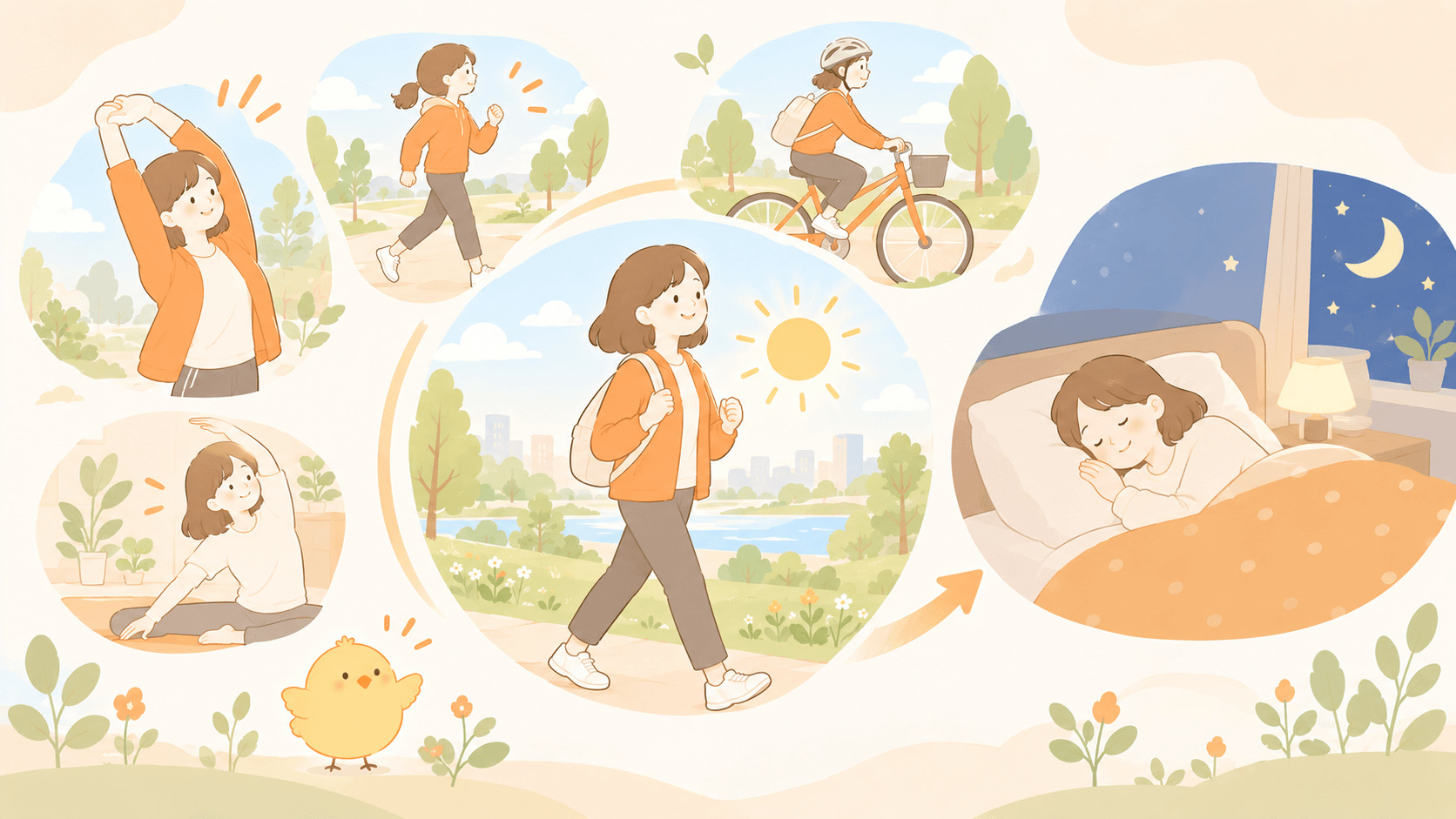 日中に外で体を動かして夜眠れるようになるイメージ