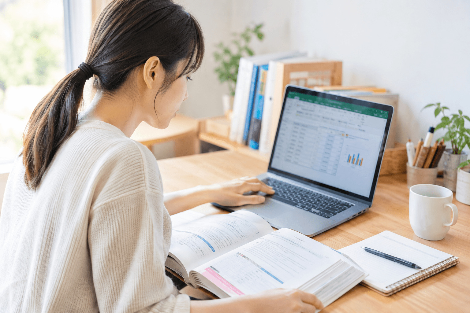 デスクに向かって、テキストを見ながらパソコンで学習しているイメージ